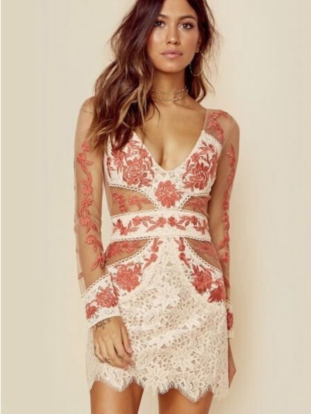 For Love & Lemons Dress in Rust and Cream